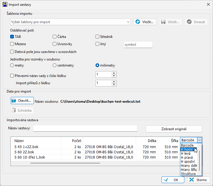 import přířezu z .txt a .csv