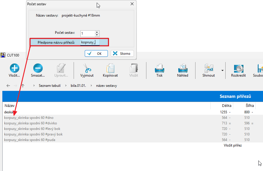 prefix názvu přířezu
