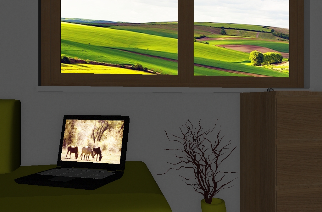 matériaux fluorescents : paysage derrière la fenêtre et écran d'ordinateur portable